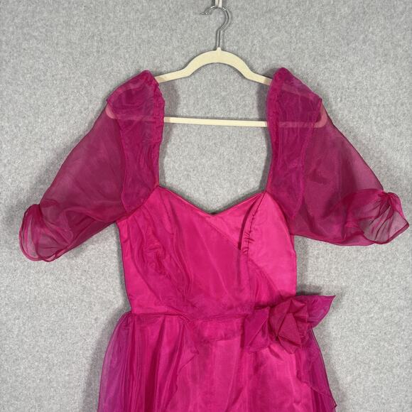 VTG 80s Prom Dress Medium Pink Puff Organza Sheer Overlay Bow Pencil Skirt Cape - Picture 3 of 14